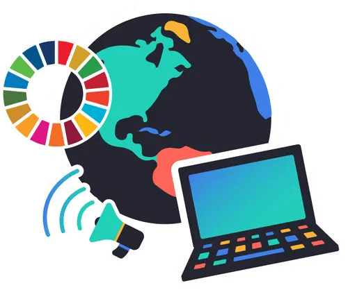 An icon set showing a dark blue globe with land masses in teal and burnt orange. To the left is a megaphone with sound waves coming out of it. Above and to the left of the globe is a circular logo with 17 different colored sections, representing the UN Sustainable Development Goals. To the right of the globe is a silver laptop with a teal screen.