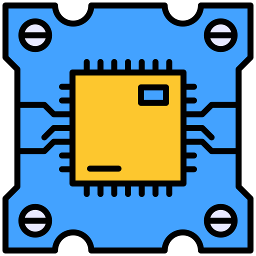 An icon of a computer processor, showing a blue circuit board with a gold chip in the center.