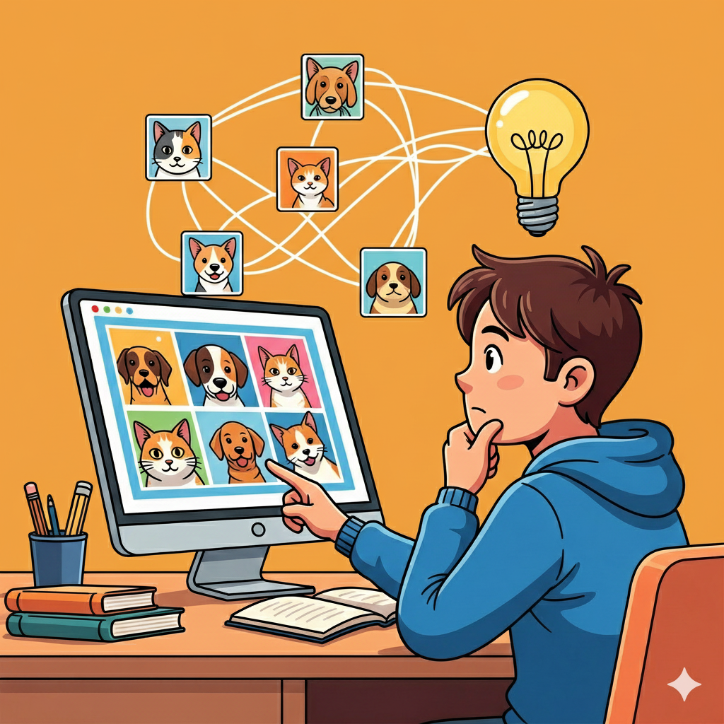 An illustrated image of a boy sitting at a desk, looking at a computer screen. The screen displays six images of dogs and cats. The boy points at the screen while a network of lines connects to smaller floating images of animals above the monitor, suggesting a training process. A lightbulb is lit up to the right of the network.