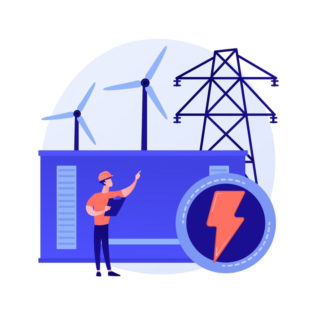 An illustration of an engineer in a hard hat standing next to two wind turbines and an electrical transmission tower, with a magnifying glass showing a lightning bolt graphic.