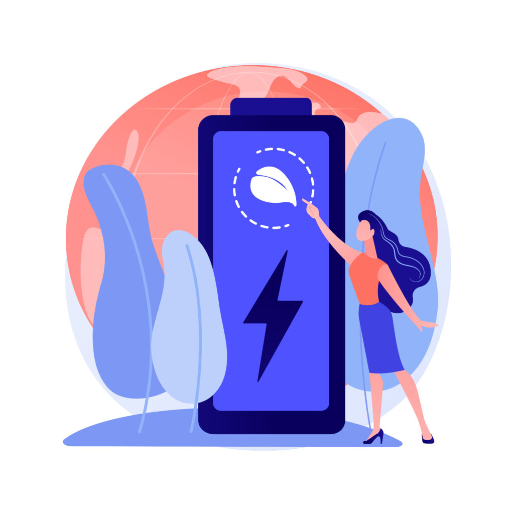 An illustration of a woman pointing at a large battery graphic that features a leaf and a lightning bolt symbol, set against a background of large leaves and a stylized globe.
